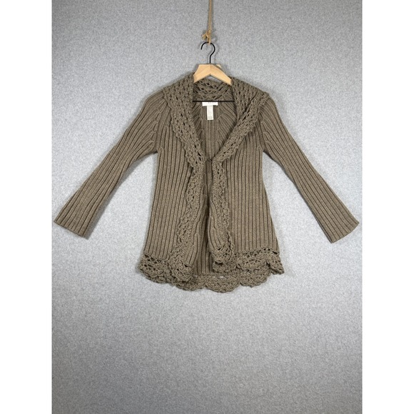 Kenar Sweaters - Kenar Cardigan Sweater Taupe Ribbed Crochet Trim Wool Blend Boho Earthy Cozy